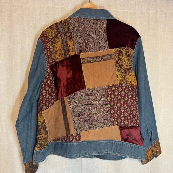 Out Of The Blue J Jill Women's Denim Patchwork Tapestry Lined Jean Jacket Sz XL - Picture 2 of 13